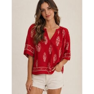 Niloine Red White Floral Print Tunic Top Split V-Neck Kimono Sleeve Women L
